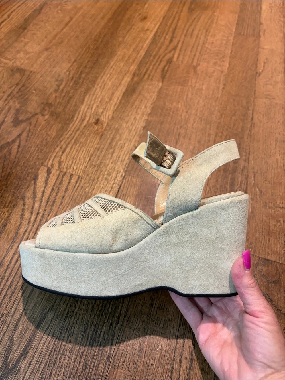 VARDA Size 6 1/2 Suede Laser-Cut Platform Sandals in Light Beige